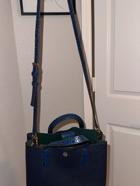 Tory Burch Navy Leather Tote with Green Interior and Croc Trim